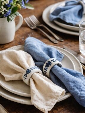 Pfaltzgraff Yorktowne Napkin Rings Set of 4 w/ Box Vintage Blue White Farmhouse